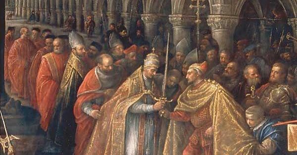 A historical painting showing a ceremonial gathering with a pope and a nobleman exchanging items, surrounded by clergy in ornate robes and a crowd of onlookers in a grand, arched hall.